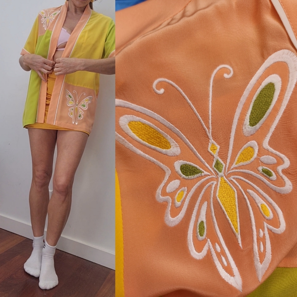Bob Mackie Zendaya favorite peach lime butterfly 100% silk festival blouse top s - Picture 3 of 7
